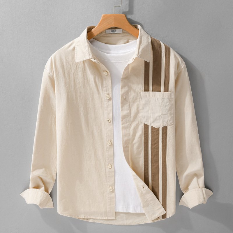 Men's Casual Beige Contrast Panel Shirt
