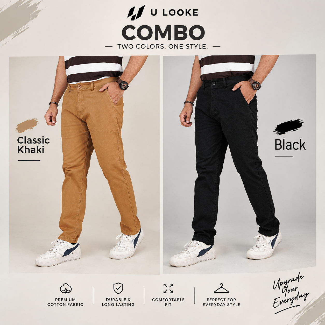 Premium Twill Pants Classic Khaki and Black Combo