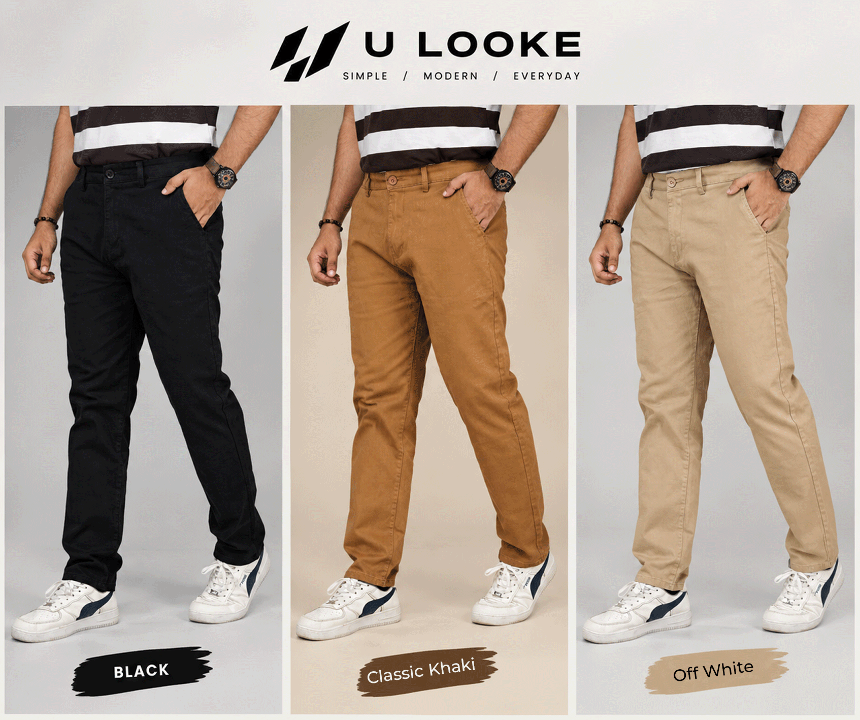 Best Men's Premium Twill Pants Black, Classic Khaki & Off White Combo